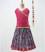 Pink and Blue cotton lehenga with a contrast self print halter neck choli and a golden lace