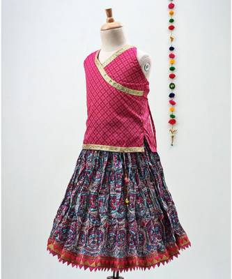 Pink and Blue cotton lehenga with a contrast self print halter neck choli and a golden lace 2