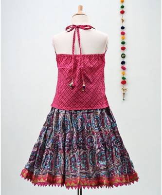 Pink and Blue cotton lehenga with a contrast self print halter neck choli and a golden lace 3