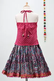 Pink and Blue cotton lehenga with a contrast self print halter neck choli and a golden lace