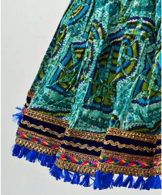 green and yellow cotton lehenga with a contrast  halter neck choli and a golden lace 4