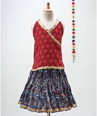 blue and red cotton printed lehenga with a contrast self print halter neck choli and a gold lace 1