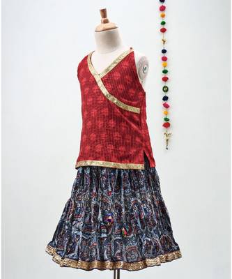 blue and red cotton printed lehenga with a contrast self print halter neck choli and a gold lace 2