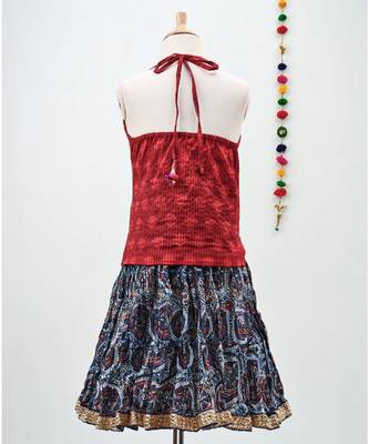 blue and red cotton printed lehenga with a contrast self print halter neck choli and a gold lace 3