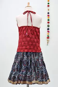 blue and red cotton printed lehenga with a contrast self print halter neck choli and a gold lace