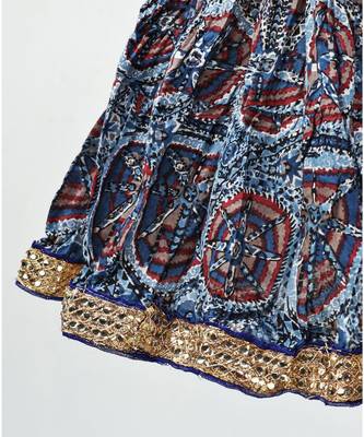 blue and red cotton printed lehenga with a contrast self print halter neck choli and a gold lace 4