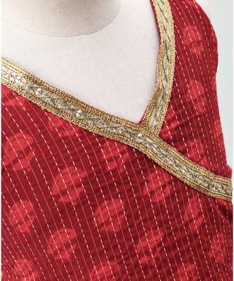 blue and red cotton printed lehenga with a contrast self print halter neck choli and a gold lace 5