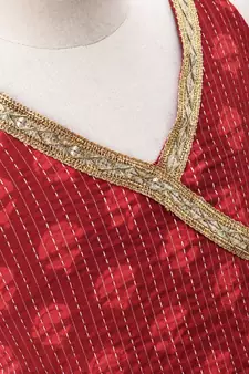 blue and red cotton printed lehenga with a contrast self print halter neck choli and a gold lace