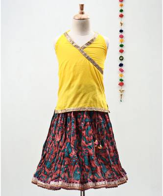 multicolor cotton printed Lehenga with a contrast halter neck choli and a lovely golden  lace 1
