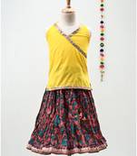 multicolor cotton printed Lehenga with a contrast halter neck choli and a lovely golden  lace