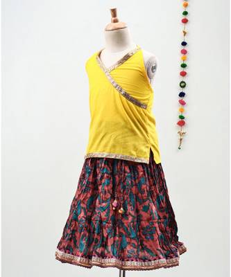 multicolor cotton printed Lehenga with a contrast halter neck choli and a lovely golden  lace 2