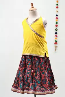multicolor cotton printed Lehenga with a contrast halter neck choli and a lovely golden  lace