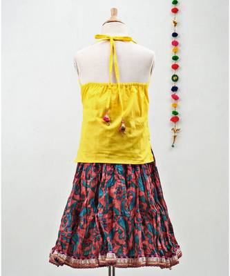 multicolor cotton printed Lehenga with a contrast halter neck choli and a lovely golden  lace 3