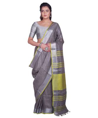 Handcrafted Grey Linen saree with Silver zari border 1