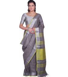 Handcrafted Grey Linen saree with Silver zari border