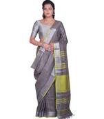 Handcrafted Grey Linen saree with Silver zari border