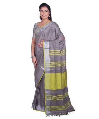 Handcrafted Grey Linen saree with Silver zari border 2