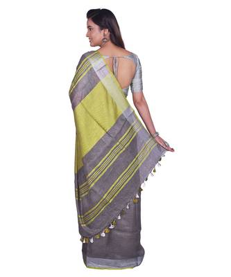 Handcrafted Grey Linen saree with Silver zari border 3