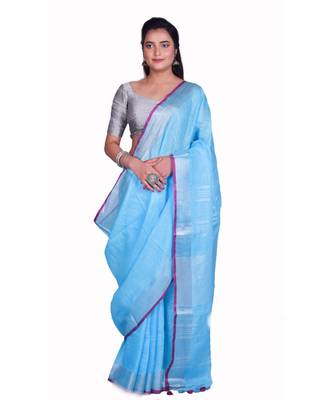 Handcrafted Blue Linen saree with Silver zari border 1