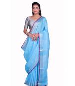 Handcrafted Blue Linen saree with Silver zari border