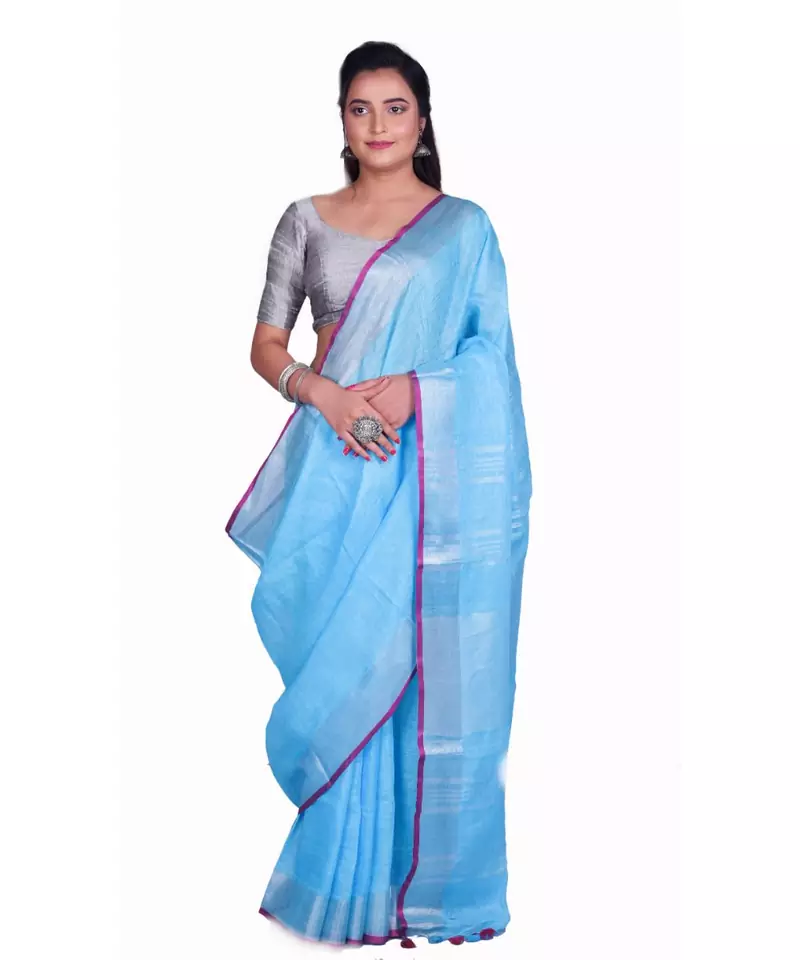 Handcrafted Blue Linen saree with Silver zari border