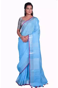 Handcrafted Blue Linen saree with Silver zari border