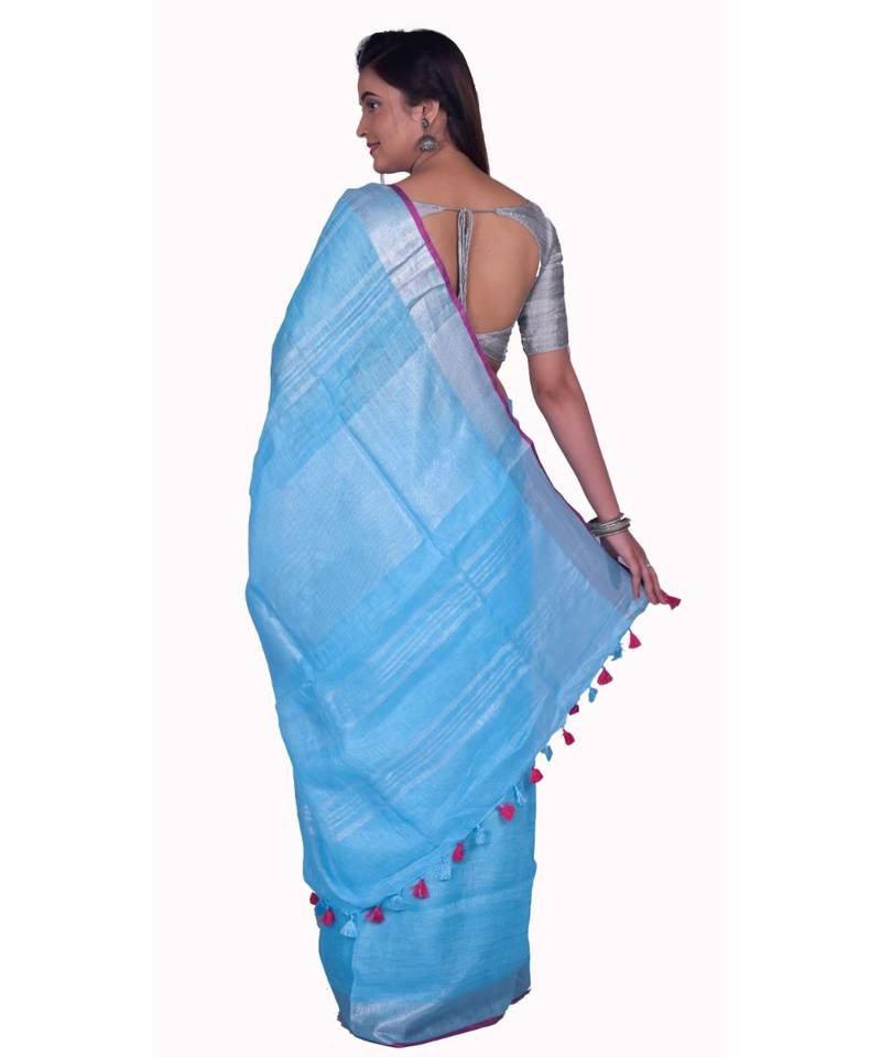 Handcrafted Blue Linen saree with Silver zari border