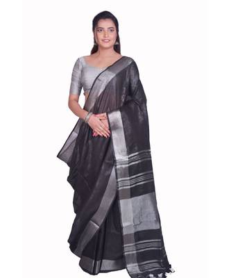 Handcrafted Black Linen saree with Silver zari border 1