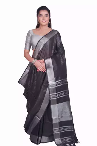 Handcrafted Black Linen saree with Silver zari border