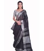 Handcrafted Black Linen saree with Silver zari border
