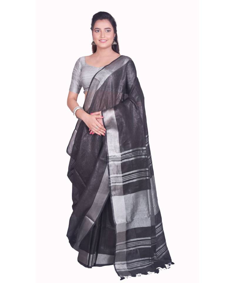 Handcrafted Black Linen saree with Silver zari border