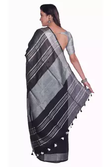 Handcrafted Black Linen saree with Silver zari border