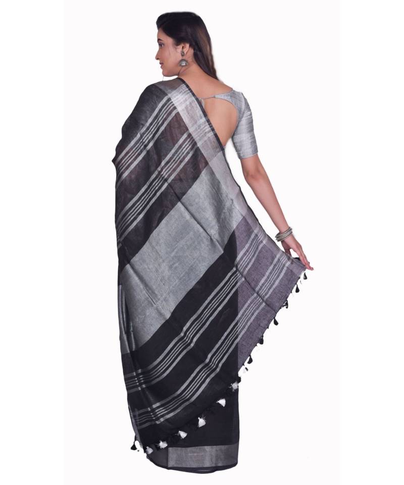 Handcrafted Black Linen saree with Silver zari border