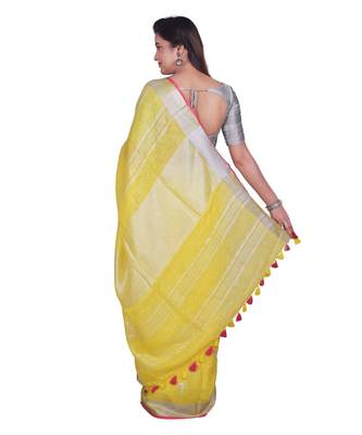 Handcrafted Yellow Linen saree with Silver zari border and beautiful embroidery work 3