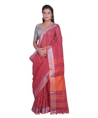 Handcrafted Dark Red Linen saree with Silver zari border 1