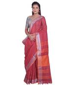 Handcrafted Dark Red Linen saree with Silver zari border