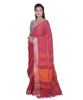 Handcrafted Dark Red Linen saree with Silver zari border 2