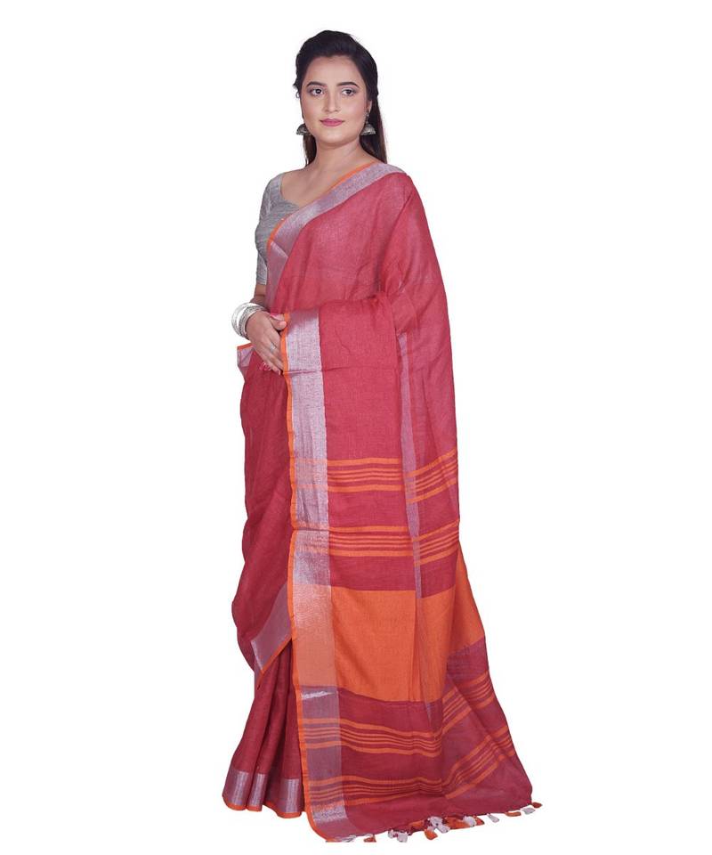 Handcrafted Dark Red Linen saree with Silver zari border