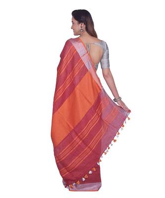 Handcrafted Dark Red Linen saree with Silver zari border 3
