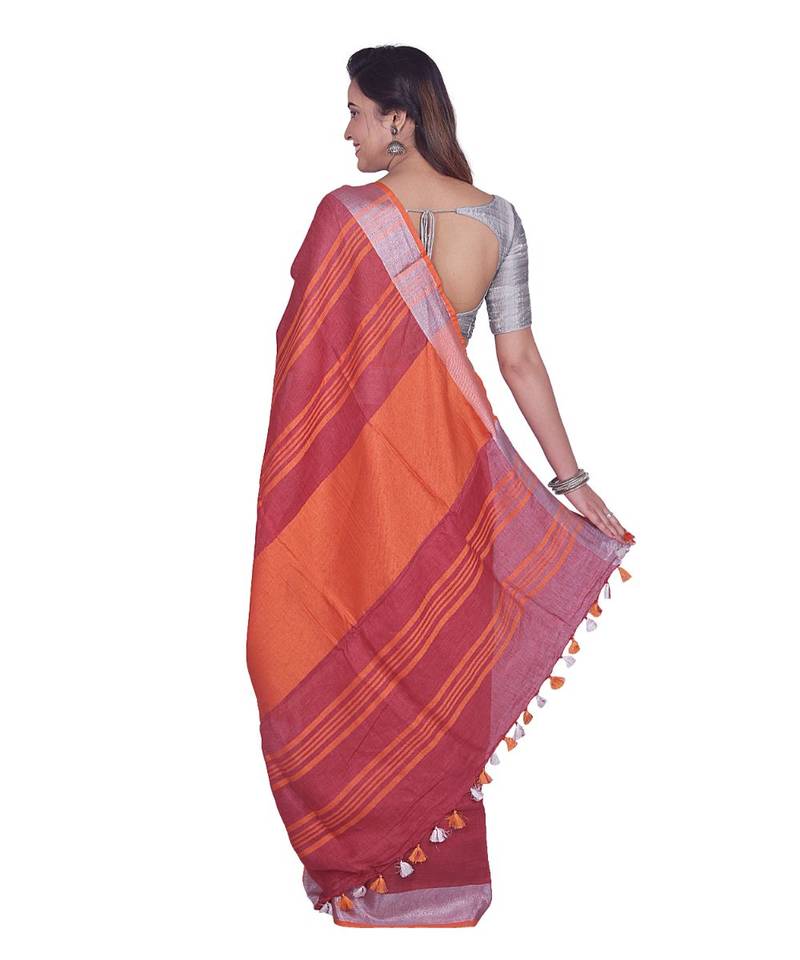 Handcrafted Dark Red Linen saree with Silver zari border