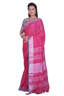 Handcrafted Pink Linen saree with Silver zari border