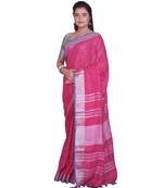 Handcrafted Pink Linen saree with Silver zari border