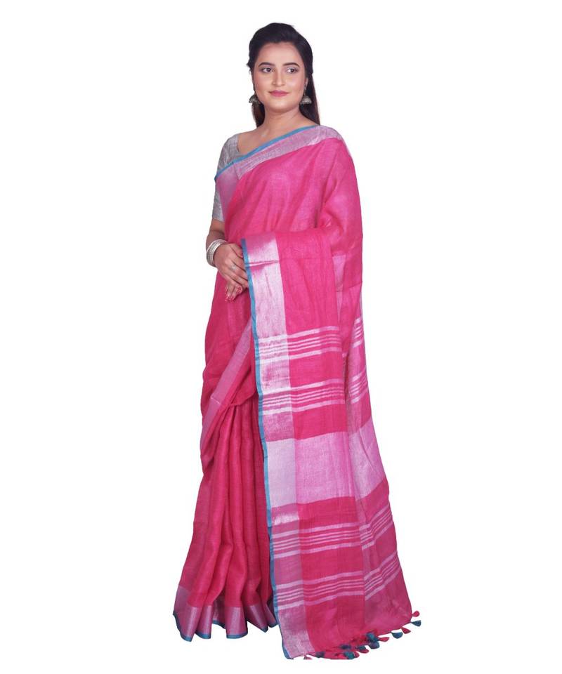 Handcrafted Pink Linen saree with Silver zari border