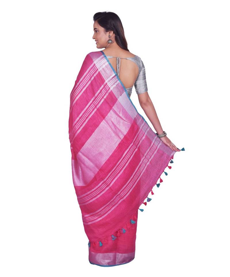 Handcrafted Pink Linen saree with Silver zari border