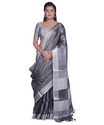 Handcrafted Blackish Silver Tissue Linen saree with Silver zari border 1