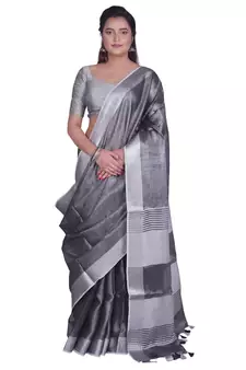 Handcrafted Blackish Silver Tissue Linen saree with Silver zari border