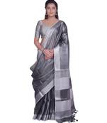 Handcrafted Blackish Silver Tissue Linen saree with Silver zari border