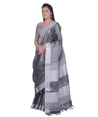 Handcrafted Blackish Silver Tissue Linen saree with Silver zari border 2