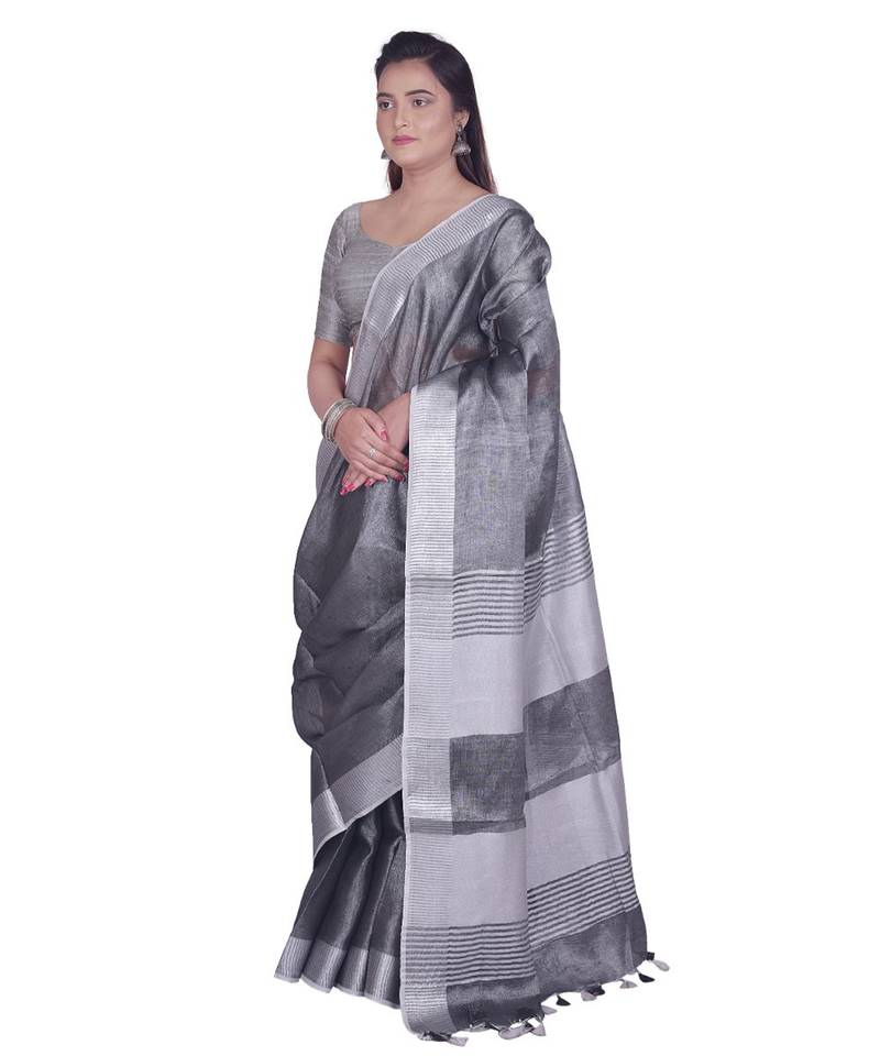 Handcrafted Blackish Silver Tissue Linen saree with Silver zari border