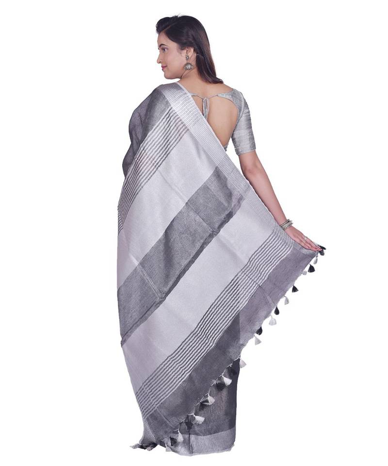 Handcrafted Blackish Silver Tissue Linen saree with Silver zari border
